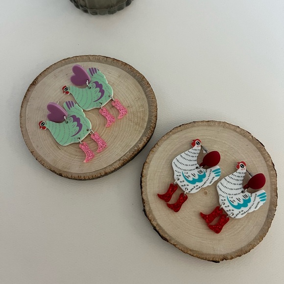 1970's Inspired Chicken in Boots Dangle Earrings - Colorful Retro Drop Earrings - Picture 11 of 14